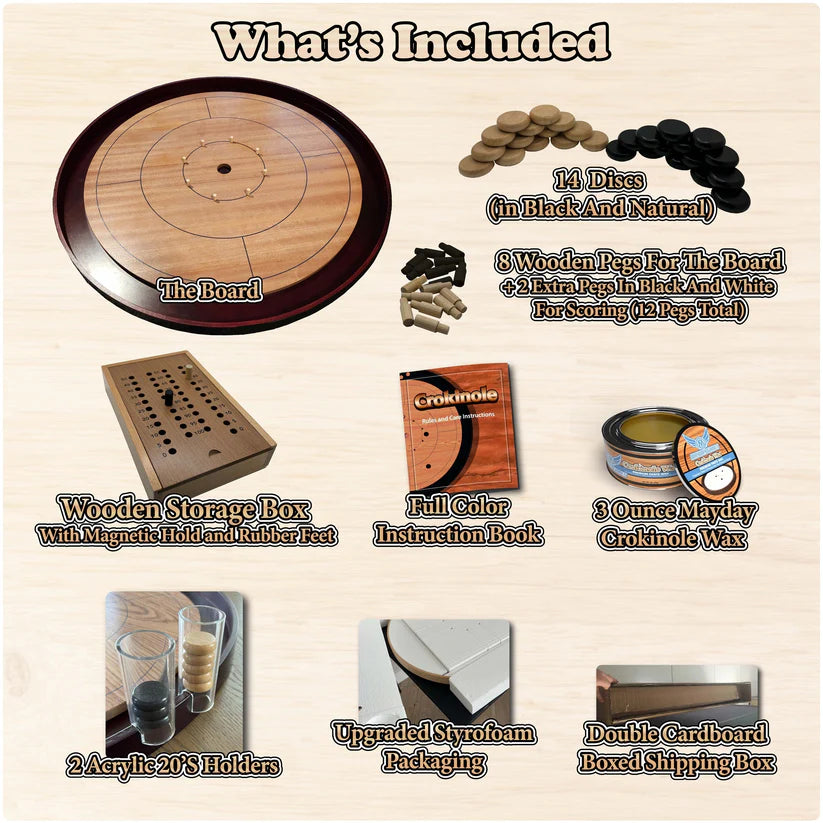 List of items included in a Crokinole set on a beige background