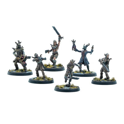 Six miniature figures on stands with a white background