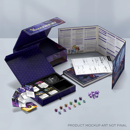 RPG game box with cards, dice, and other components on a light gray background