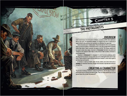 Book open to a page about 'The Protagonists' with illustrations of people and text.
