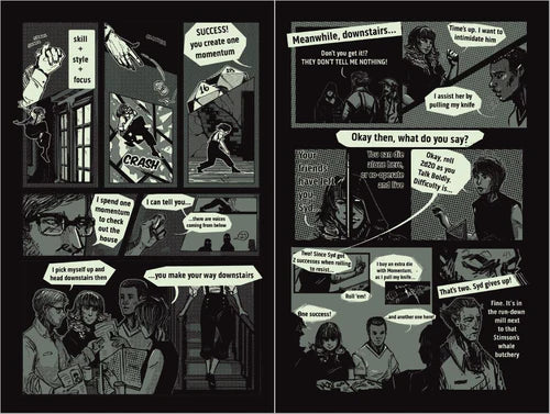 Comic book panel layout with black and white illustrations and text bubbles.