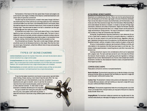 Open book showing pages with text and a weapon illustration on a gray textured background