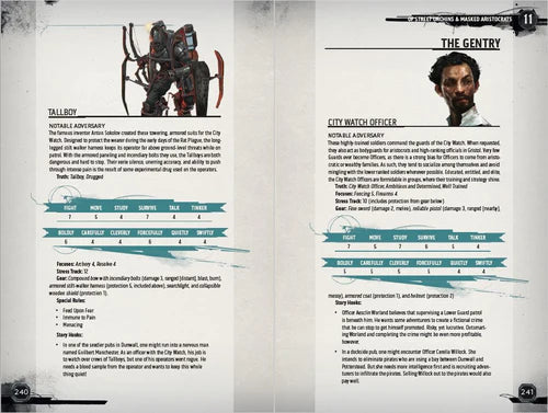 Gamebook or role-playing guide with character profiles and stats on a gray background