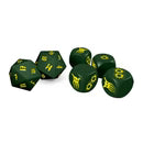Set of green polyhedral dice with yellow numbering and symbols on a white background