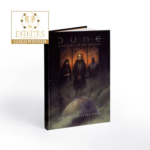 Dune role-playing game book with Ennies Gold Winner badge on a white background