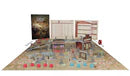 Board game setup with 'Fallout' theme, including a map, dice, and character figures on a white background.