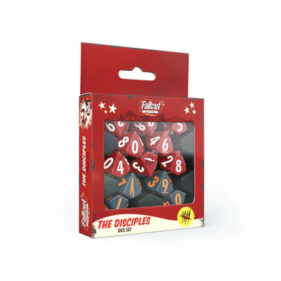 Packaged dice set with red and black dice, featuring 'Fallout' branding on a white background.