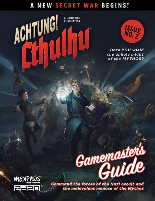 Cover of 'Achtung! Cthulhu' Gamemaster's Guide with characters and text on a dark background