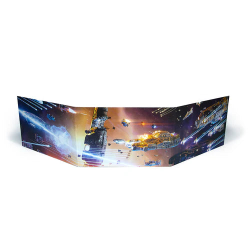 Tri-fold promotional poster with space-themed design on a white background