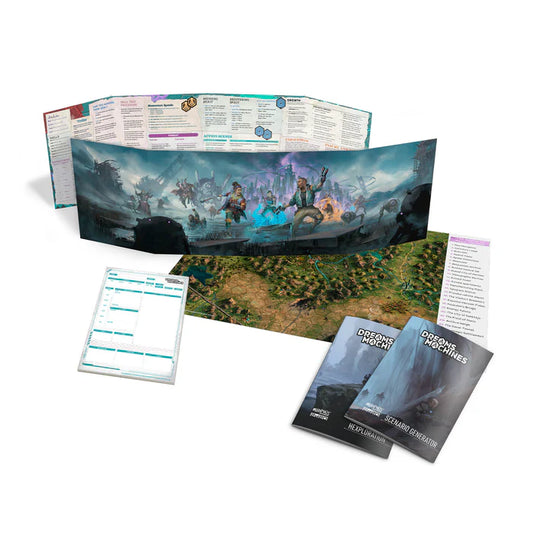 Fantasy game map with character illustrations and game components on a white background