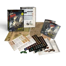Collection of board game components including cards, pieces, and rulebook on a white background