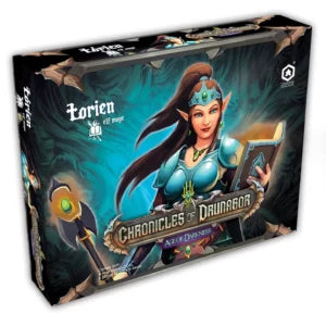Board game box featuring an elf character with a sword and shield on a dark background