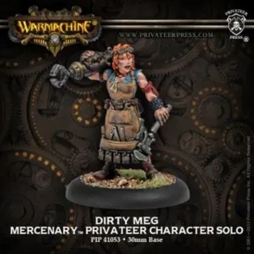 Painted tabletop miniature of a female mercenary character on a round base, shown against a dark steampunk-style background with Warhammer branding and Privateer Press text.