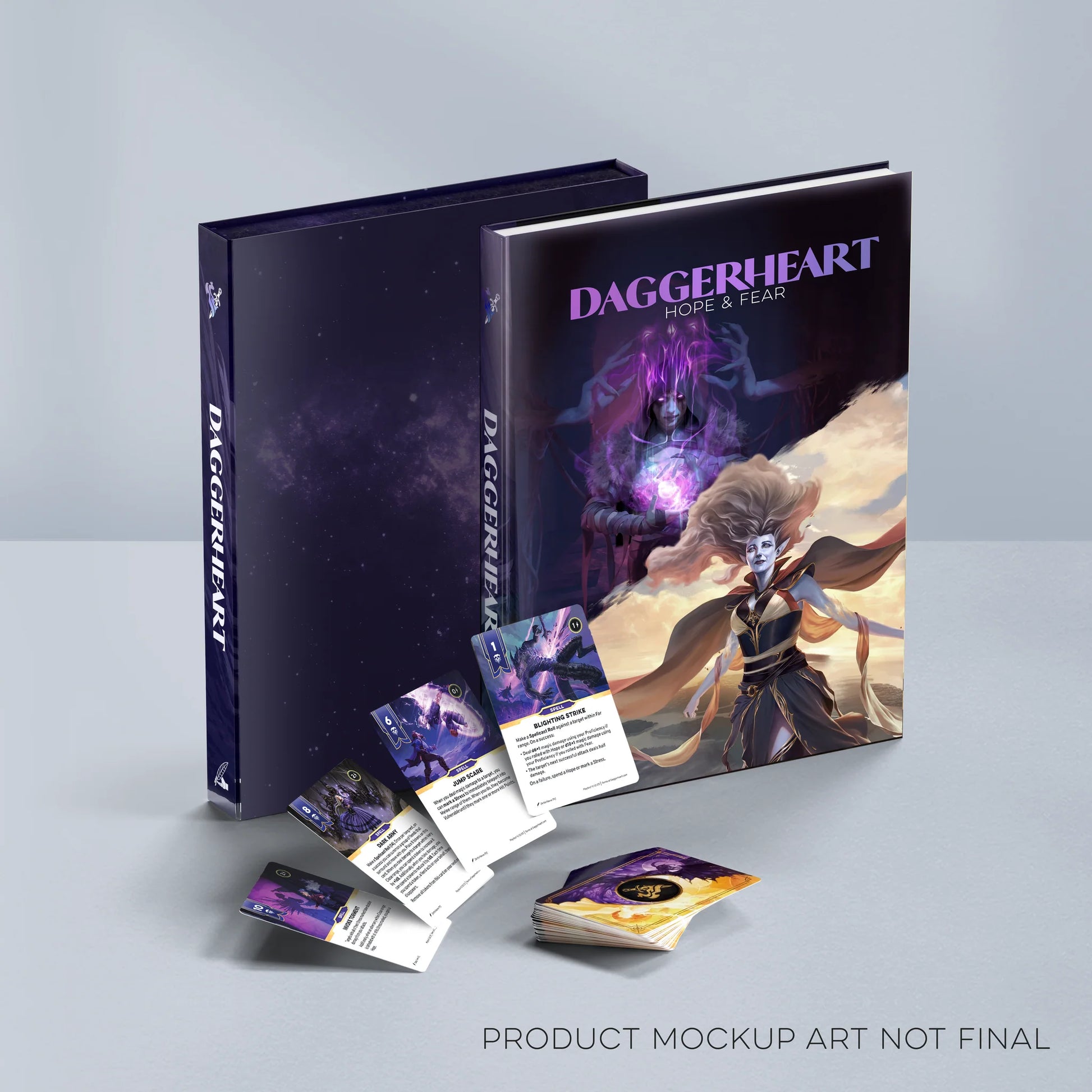 Daggerheart RPG packaging with cards and a die on a light gray background
