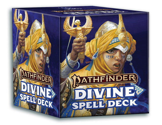 Pathfinder Divine Spell Deck packaging with warrior illustration on a blue background