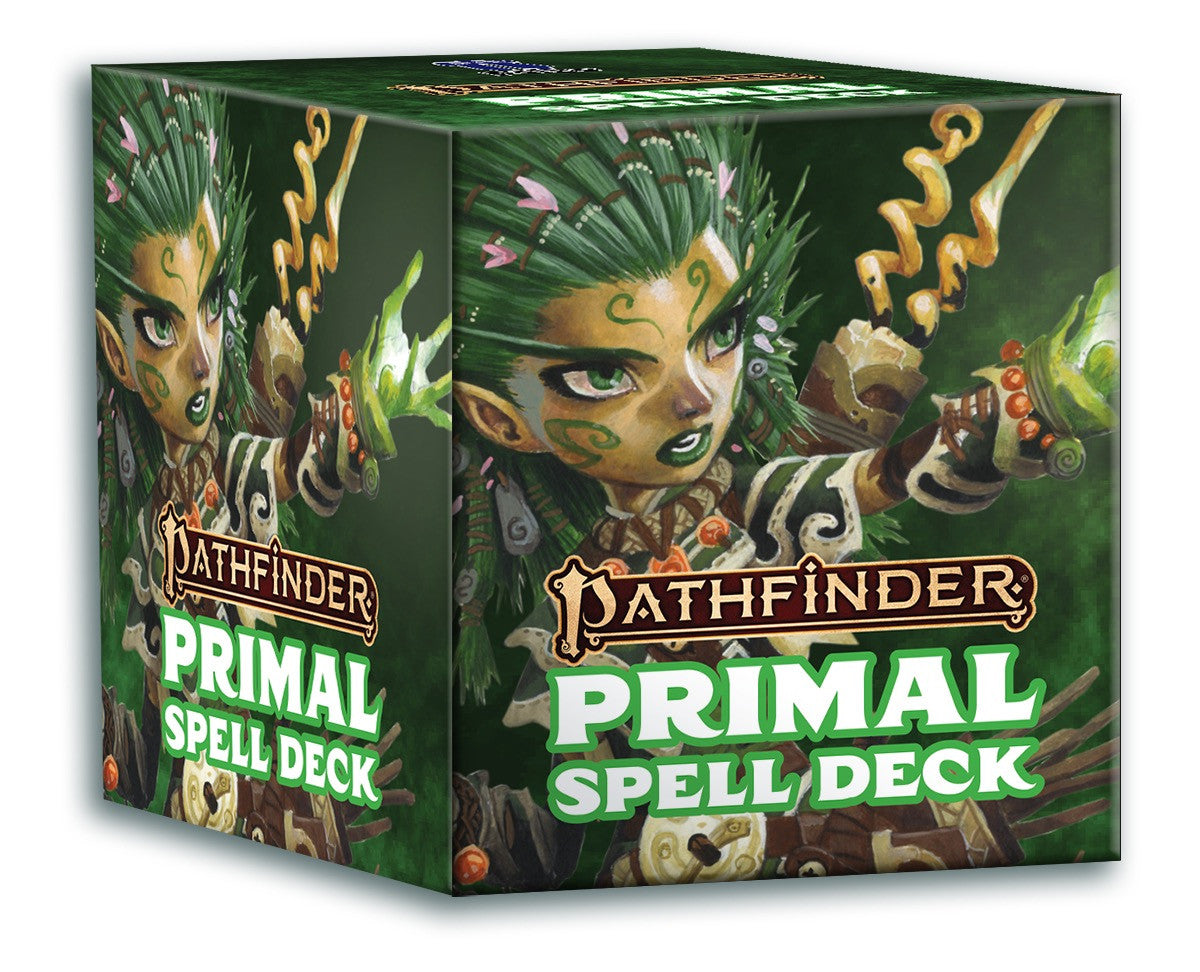 Pathfinder Primal Spell Deck box with fantasy character illustration on a green background