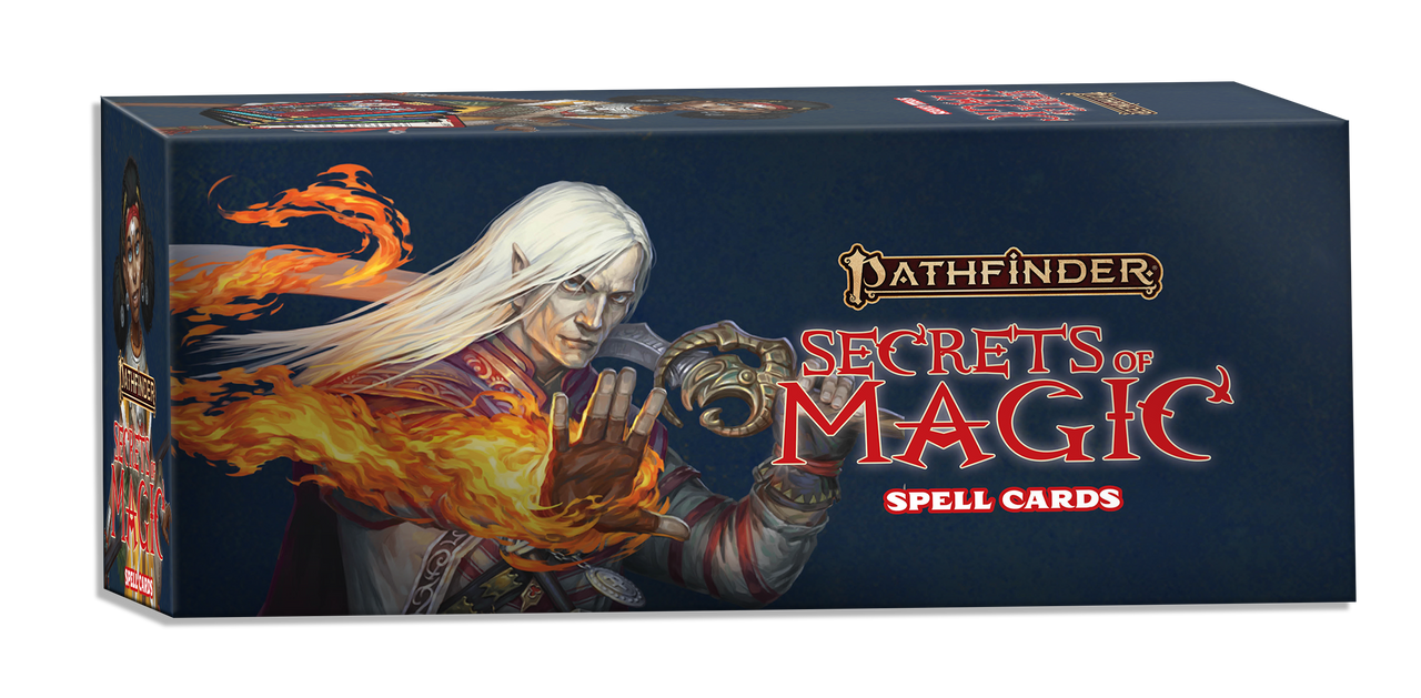 Pathfinder Secrets of Magic Spell Cards packaging with a character holding a sword and flames.