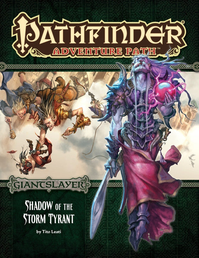 Cover of 'Pathfinder Adventure Path: Giantslayer - Shadow of the Storm Tyrant' with fantasy artwork and text.