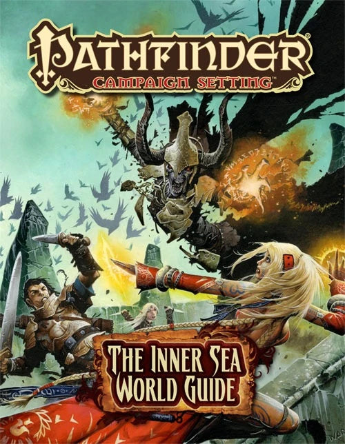 Front cover of the Pathfinder Campaign Setting: The Inner Sea World Guide book, featuring fantasy battle artwork with a horned monster, a blonde warrior, and glowing effects.
