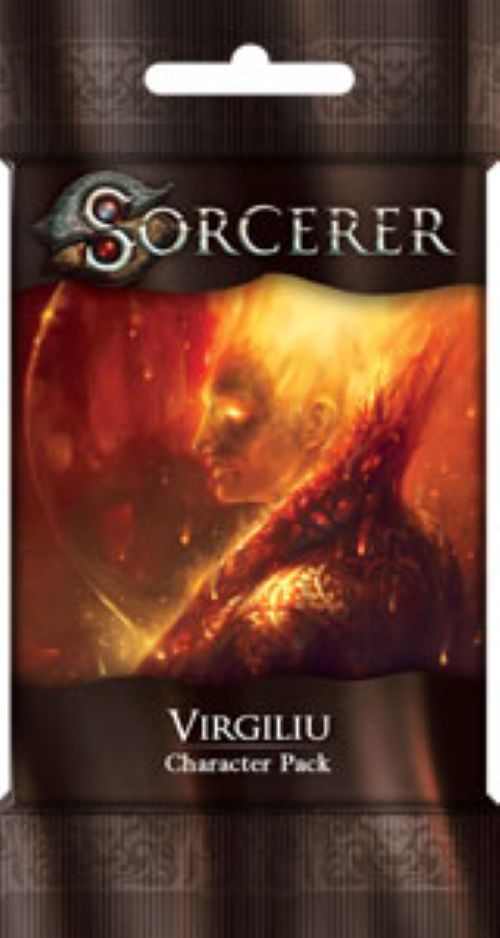 Packaging for the Sorcerer: Virgiliu Character Pack, featuring fantasy artwork of a fiery-haired character on a dark brown background with the Sorcerer logo.