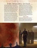 Text about the Spacing Guild with a scene of people in a dimly lit room.