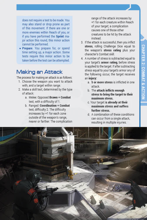 Gamebook page with combat action rules and a scene of two characters in a dimly lit room.