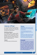 Character profile card for a 'Veteran Officer' with text and graphics on a blue background