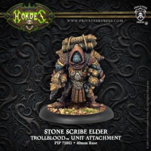 A painted fantasy miniature of a Stone Scribe Elder from the Hordes of War tabletop gaming line, mounted on a black circular base. The image features the Privateer Press logo and branding on a dark, ornate background.