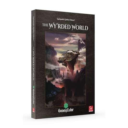 Book titled 'The Wyrded World' with a fantasy landscape illustration on the cover, featuring GooeyCube branding.