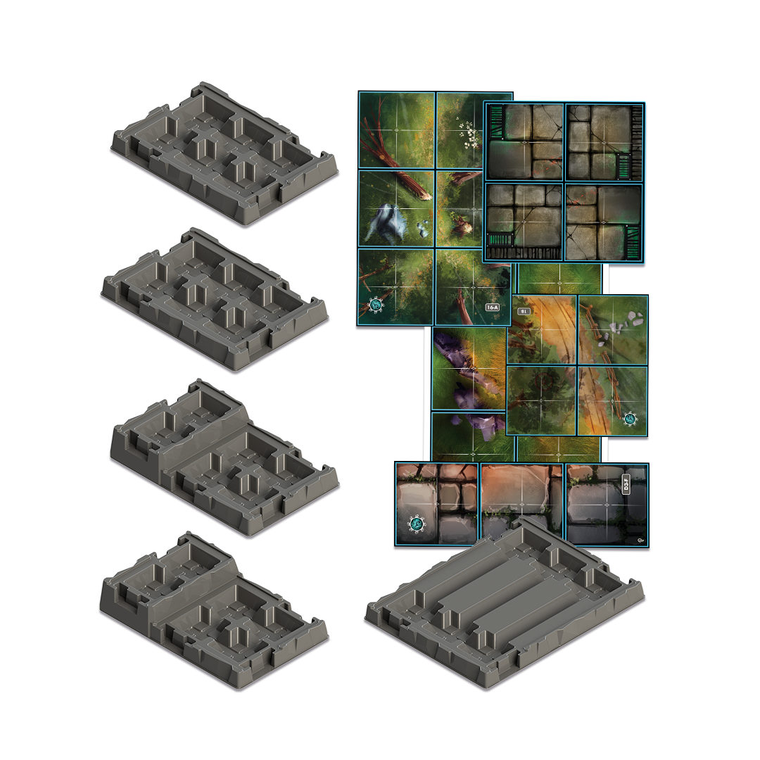 Set of gray game board pieces and scenic tiles on a white background