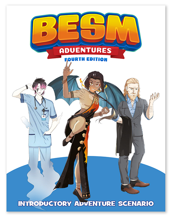 Book cover of 'BESM Adventures' with characters in various poses on a white background