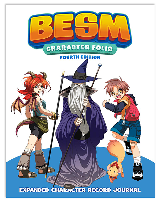 Book cover of 'BESM Character Folio Fourth Edition' with three animated characters on a white background.