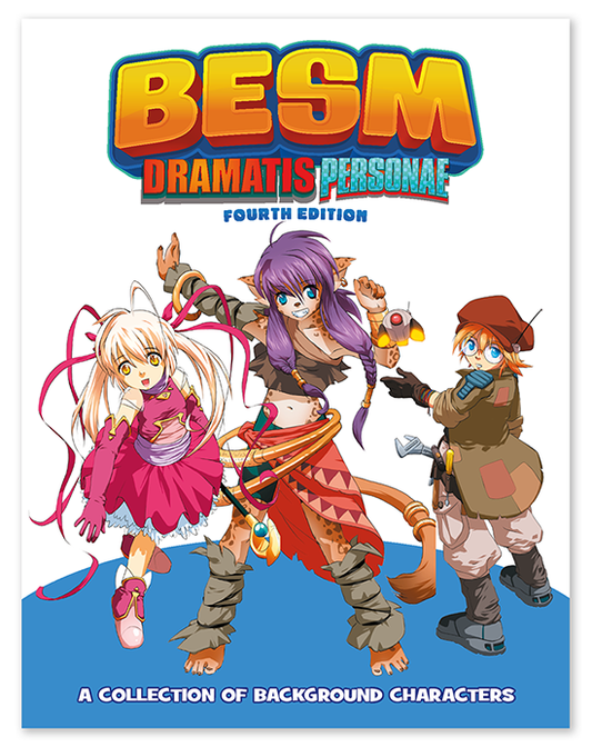 Book cover of 'BESM Dramatis Personae' with three animated characters on a white background