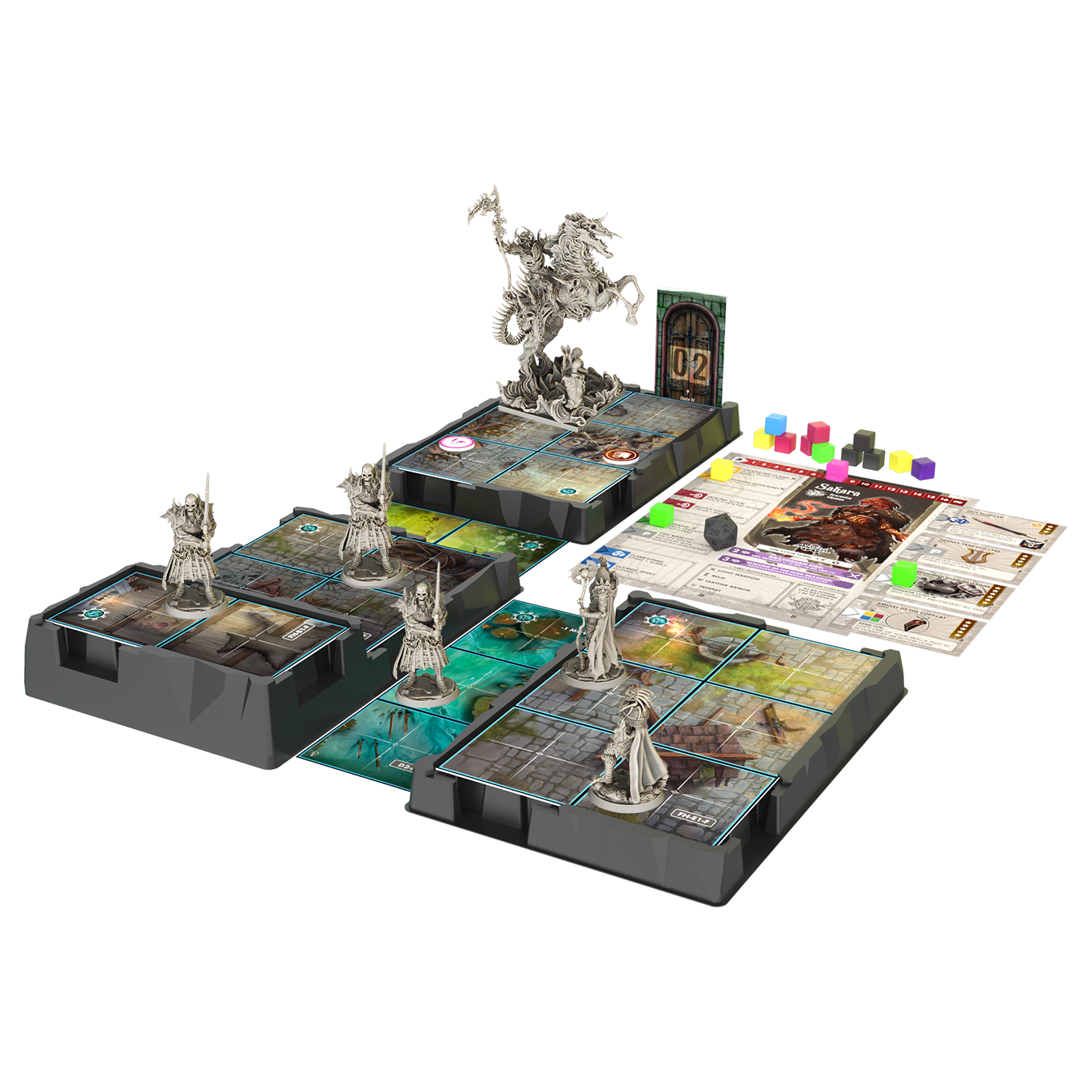 Board game set with figures and cards on a white background