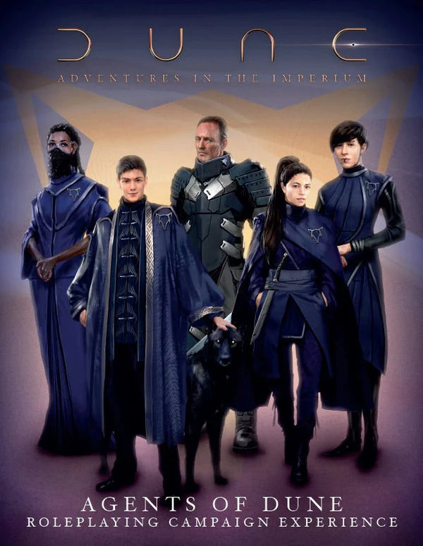 Promotional poster for 'Agents of Dune' with characters in futuristic costumes against a desert landscape.
