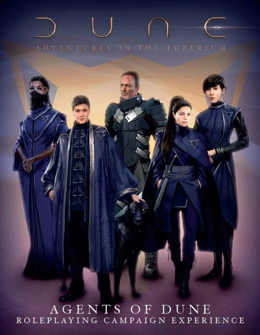 Promotional poster for 'Agents of Dune' with characters in futuristic costumes against a desert landscape.