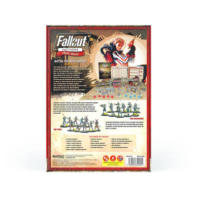 Back view of a 'Fallout: Actions' board game box with character illustrations and text.