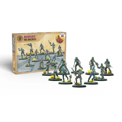 Miniature figures with a box labeled 'Raiders: The Disciples' on a white background
