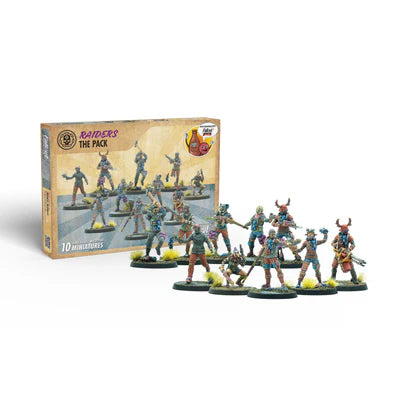 Miniature figures with a box labeled 'Raiders The Pack' on a white background