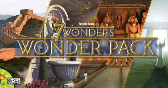 7 Wonders Wonder Pack packaging with classical architecture and board game elements.