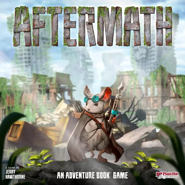 Cover of 'Aftermath' board game with a character holding weapons in a post-apocalyptic setting.