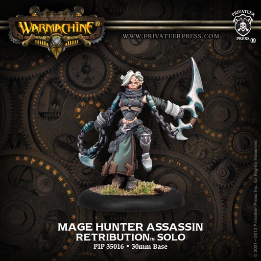 Privateer Press Warmachine miniature 'Mage Hunter Assassin' Retribution Solo, a 30mm base figure with a large silver-and-blue scythe, standing on a textured base against a dark steampunk gear background.