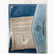 Sheet of paper with text inside a blue protective sleeve