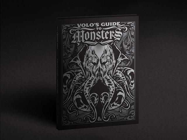 Book titled 'Volo's Guide to Monsters' with a black and white illustration of a monster on the cover against a dark background.
