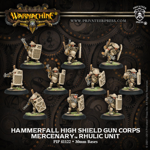 Warmachine: Mercenaries Hammerfall High Shield Gun Corps Rhulic Unit (White Metal)